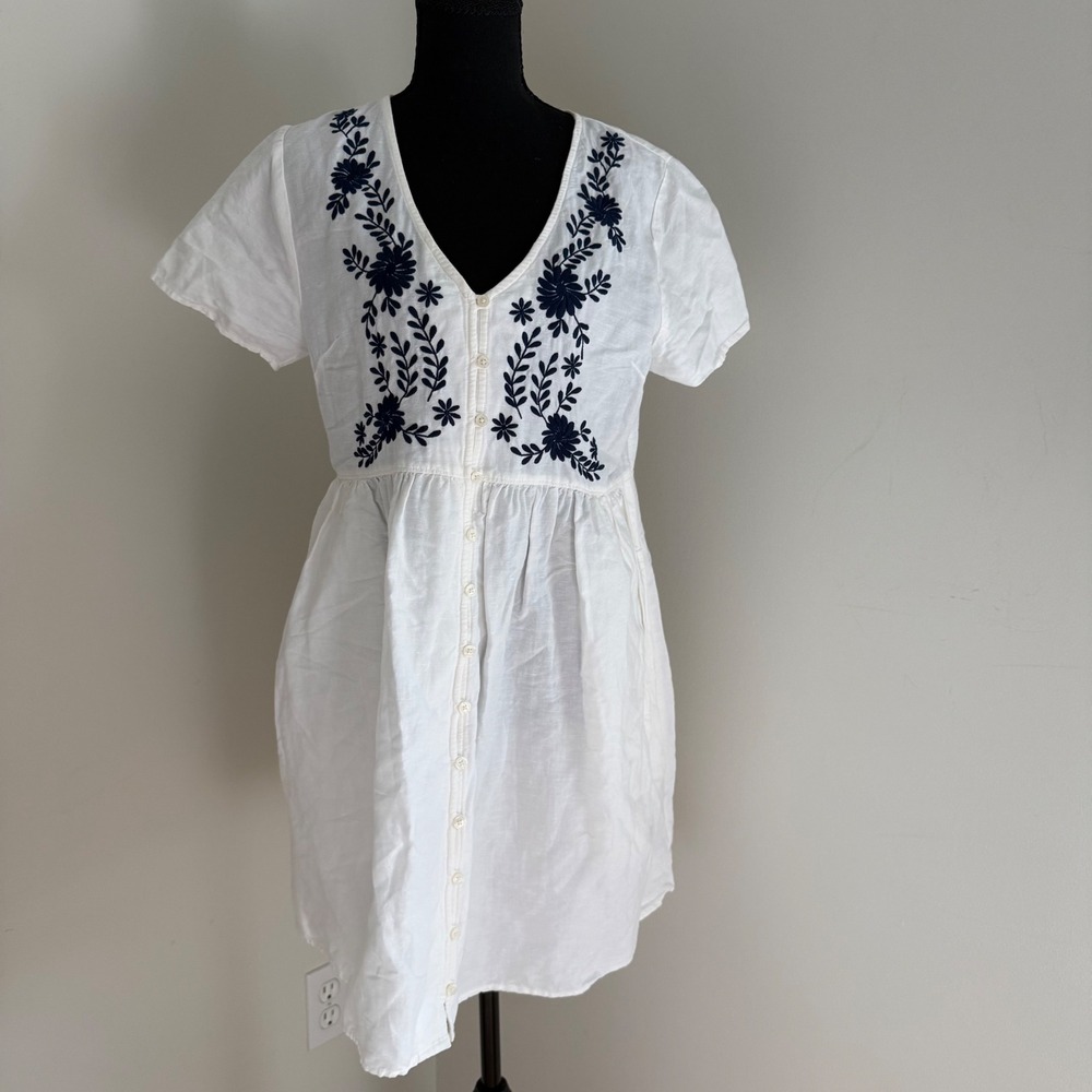 Madewell White Linen Blend Embroidered Floral Button Front Dress Medium M Blue